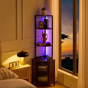 VECELO Corner Cabinet with LED Light, High Storage Shelf, Bookshelf Display Rack for Living Room, Kitchen, Balcony, Small Space