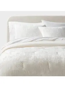 3pc Full/Queen Luxe Distressed Crinkle Velvet Comforter and Sham Set Ivory -