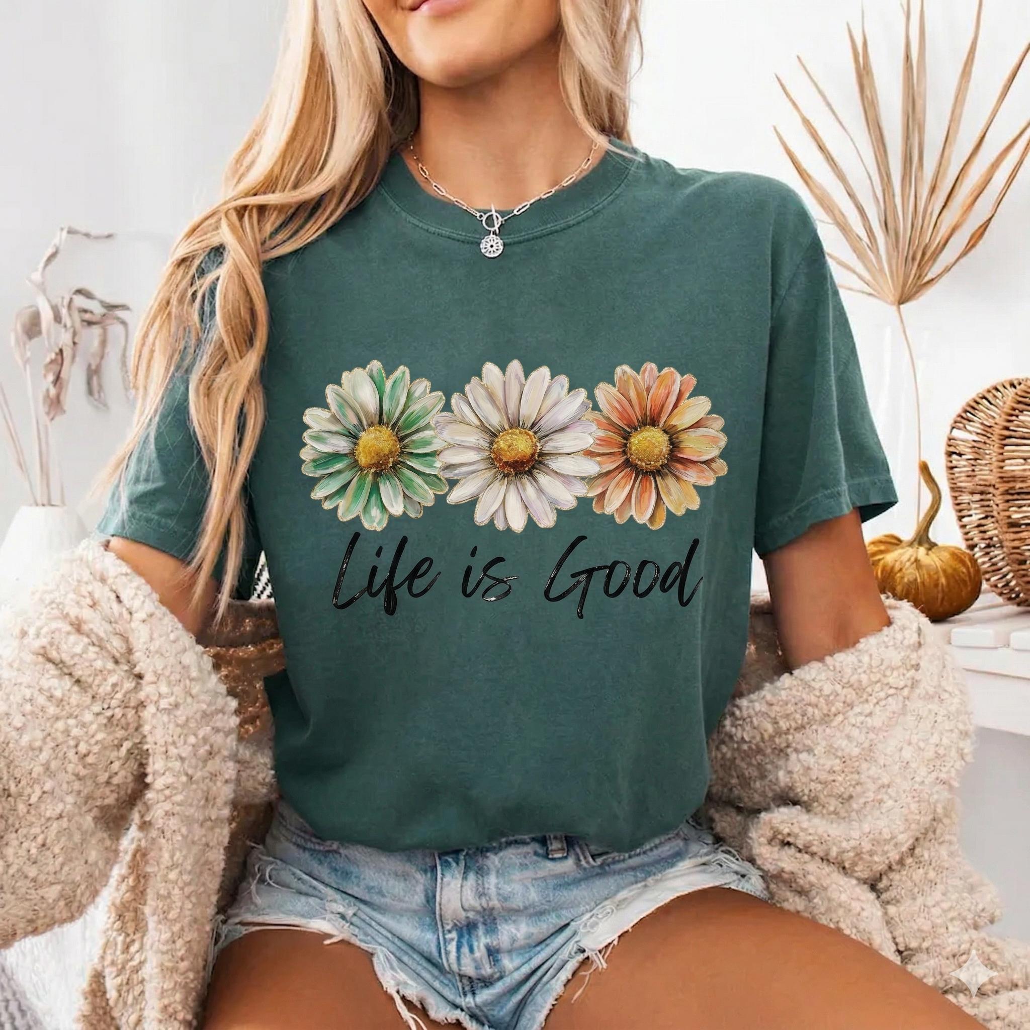 Unisex Heavy Cotton Life is Good Hand-Painted Triple Daisy Floral Graphic Tee