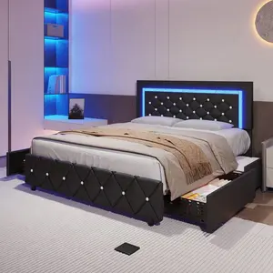 Twin/ Full/ Queen Bed Frame With Drawers, Upholstered Bed Frame With LED Lights, Modern Platform Bed Frame With Headboard And Footboard, Diamond Tufted Design, No Box Spring Needed, White/ Pink/ Black/ Purple/ Yellow