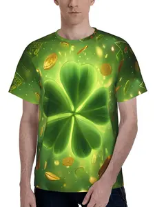 Men's 3D Printed T-Shirt Lucky Four-Leaf Clover Golden Coins & Banknotes Gradient Green Design Short Sleeve Casual Tee for St. Patrick's Day Party, Luck & Wealth Celebration - Polyester S-3XL