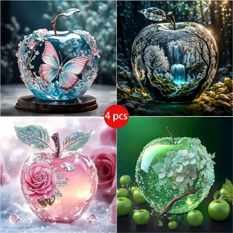4pcs Crystal Apple Landscape Diamond Painting Kit, DIY Kits, Adult Art Set, DIY 5D Round Drill Craft, Diamond Art Tools, Home Wall Decor, Beginner Friendly