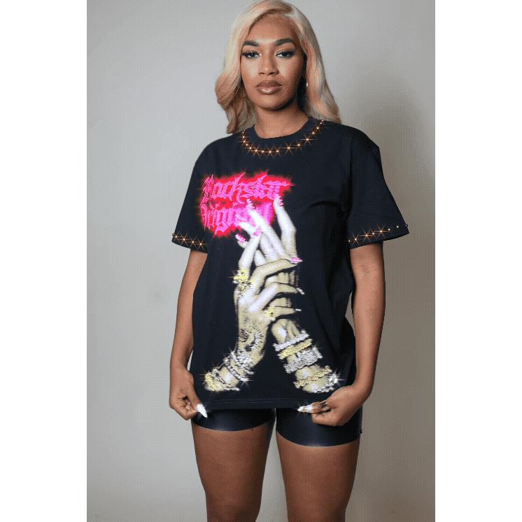 Heavenly Black Rhinestone Short Sleeve Tee Shirt