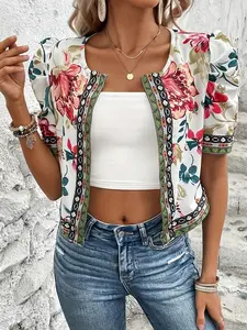 A women's white background fashionable floral print bubble sleeve short Casual cardigan with ethnic style border decoration, suitable for commuting to work, shopping and outdoor activities, indoor and outdoor dressing