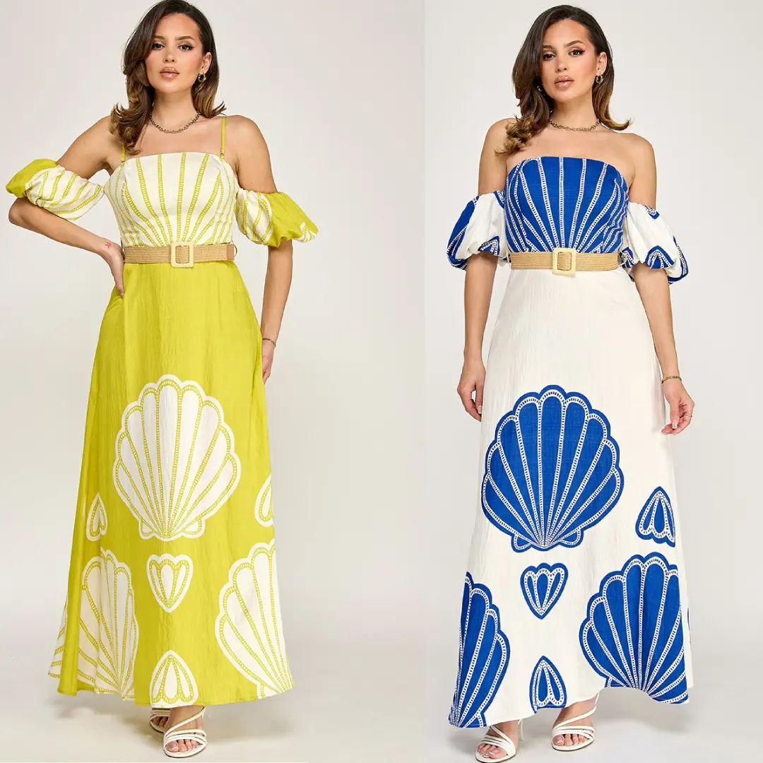 Border Printed Off Shoulder Maxi Dress With Belt Detail