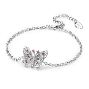 Bracelets For Women Charm Bracelet, 925 Sterling Silver Rainbow CZ Butterfly Bracelet, Adjustable Stackable Bangle, Friendship Jewelry For Pride Birthday Everyday Wear