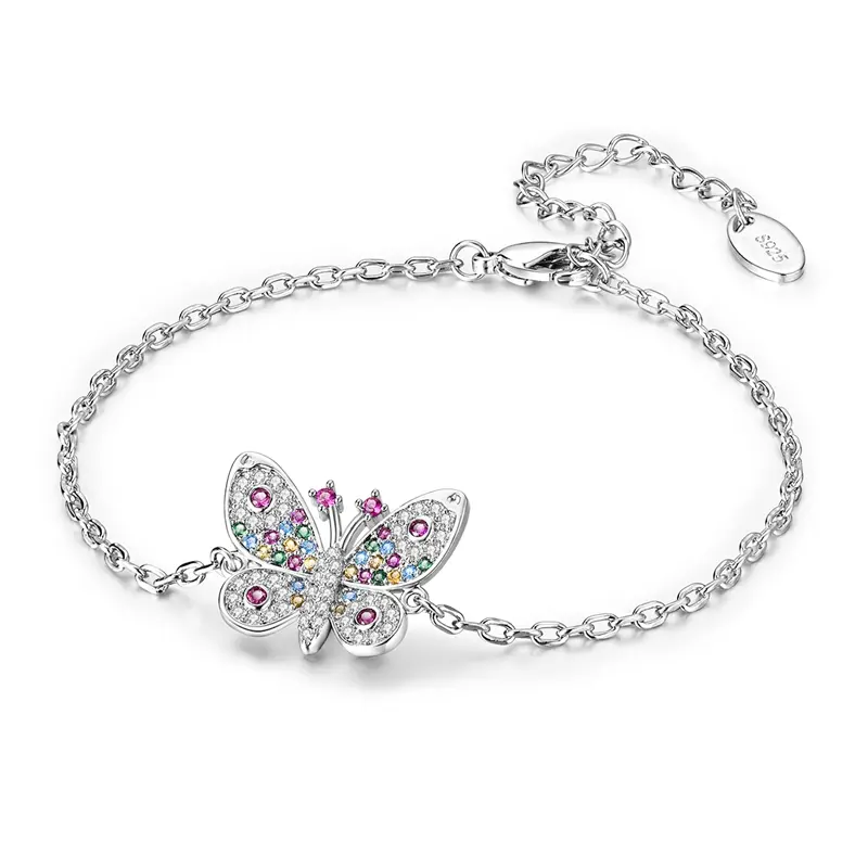 Bracelets For Women Charm Bracelet, 925 Sterling Silver Rainbow CZ Butterfly Bracelet, Adjustable Stackable Bangle, Friendship Jewelry For Pride Birthday Everyday Wear