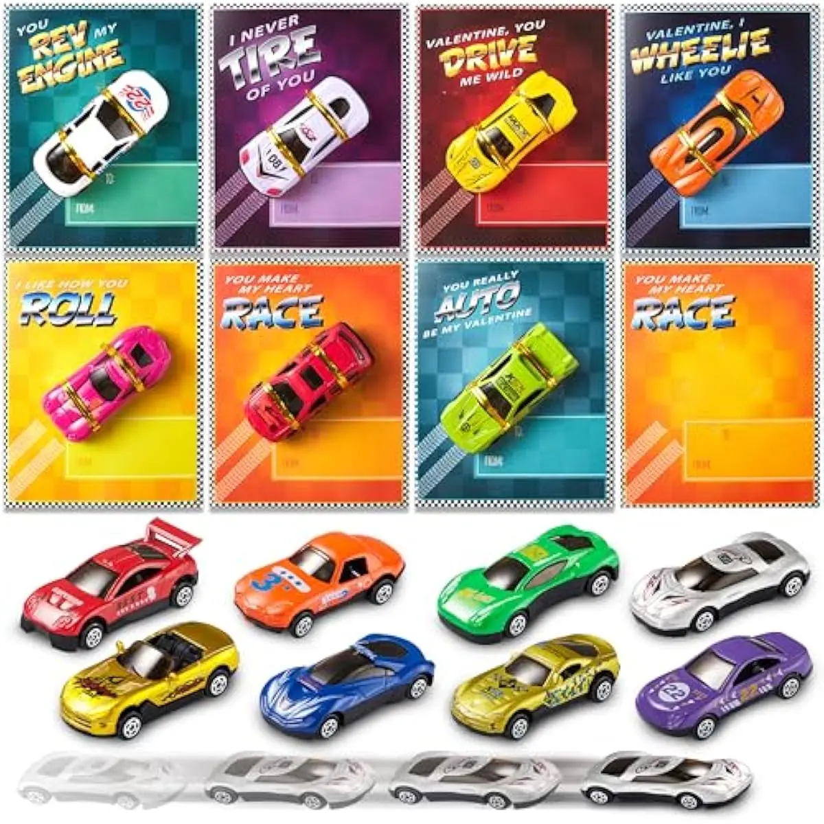 28-Count Valentines Day Gifts Cards, Valentine's Greeting Cards for Kids with Die-Cast Racing Cars Valentine Classroom Exchange Party Favor Toy