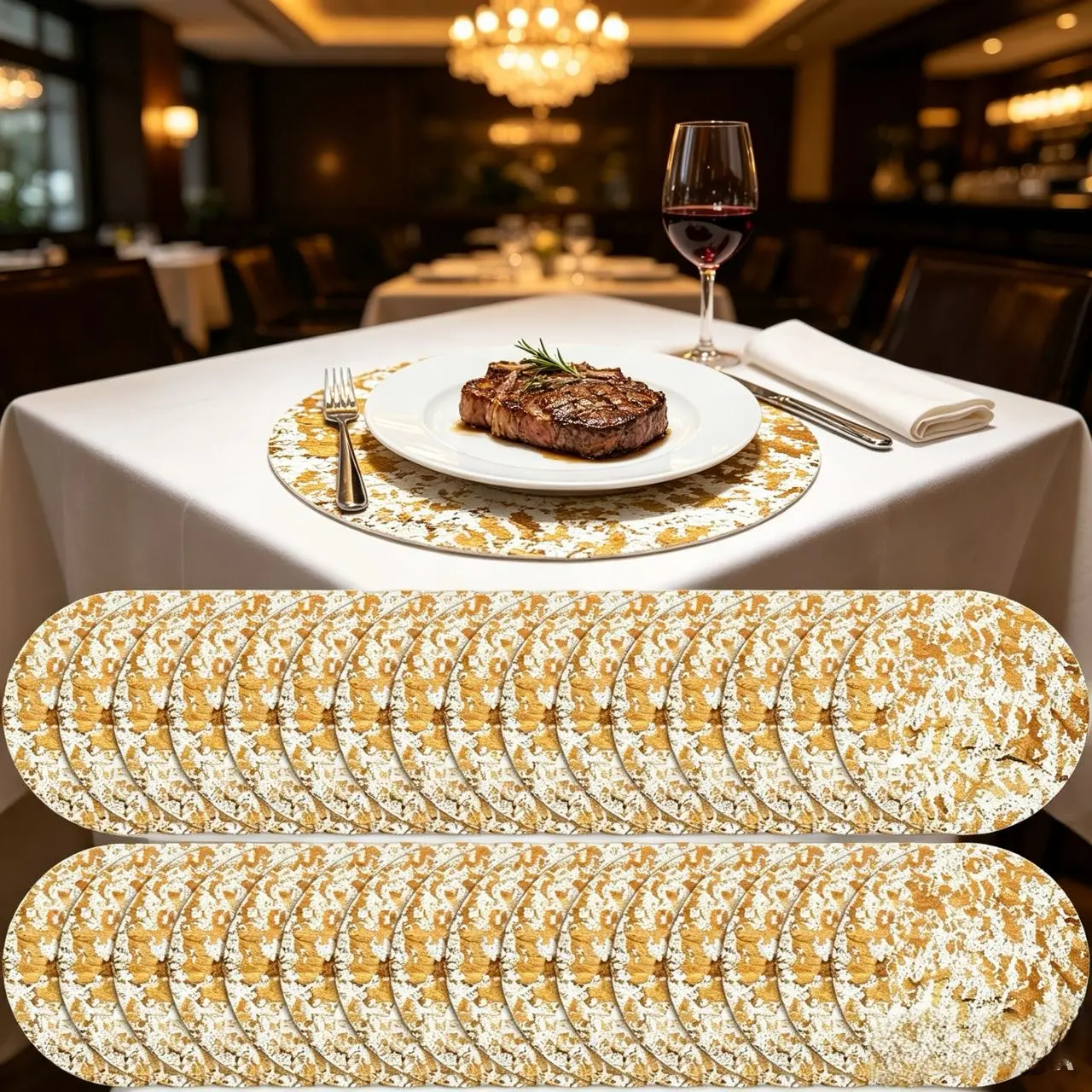 100Pcs 13in Round Gold Glam Durable Disposable Metallic Mesh Doilies Placemats, Kitchen Tableware for Parties, Weddings, Birthday Events