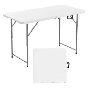 VEVOR Folding Table, 4 Ft Heavy Duty Portable Fold-in-Half Utility Table, Indoor Outdoor Plastic Rectangle Table with Adjustable Height and Built in Handle, for Party, Dining, Picnic, Camping, White