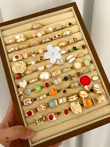 Women Boho Style Ring Set, Jewelry Rings, Vintage Elegant Design, Floral Bow Heart Rhinestone Moon Star Geometric Pattern Cat Eye Stone