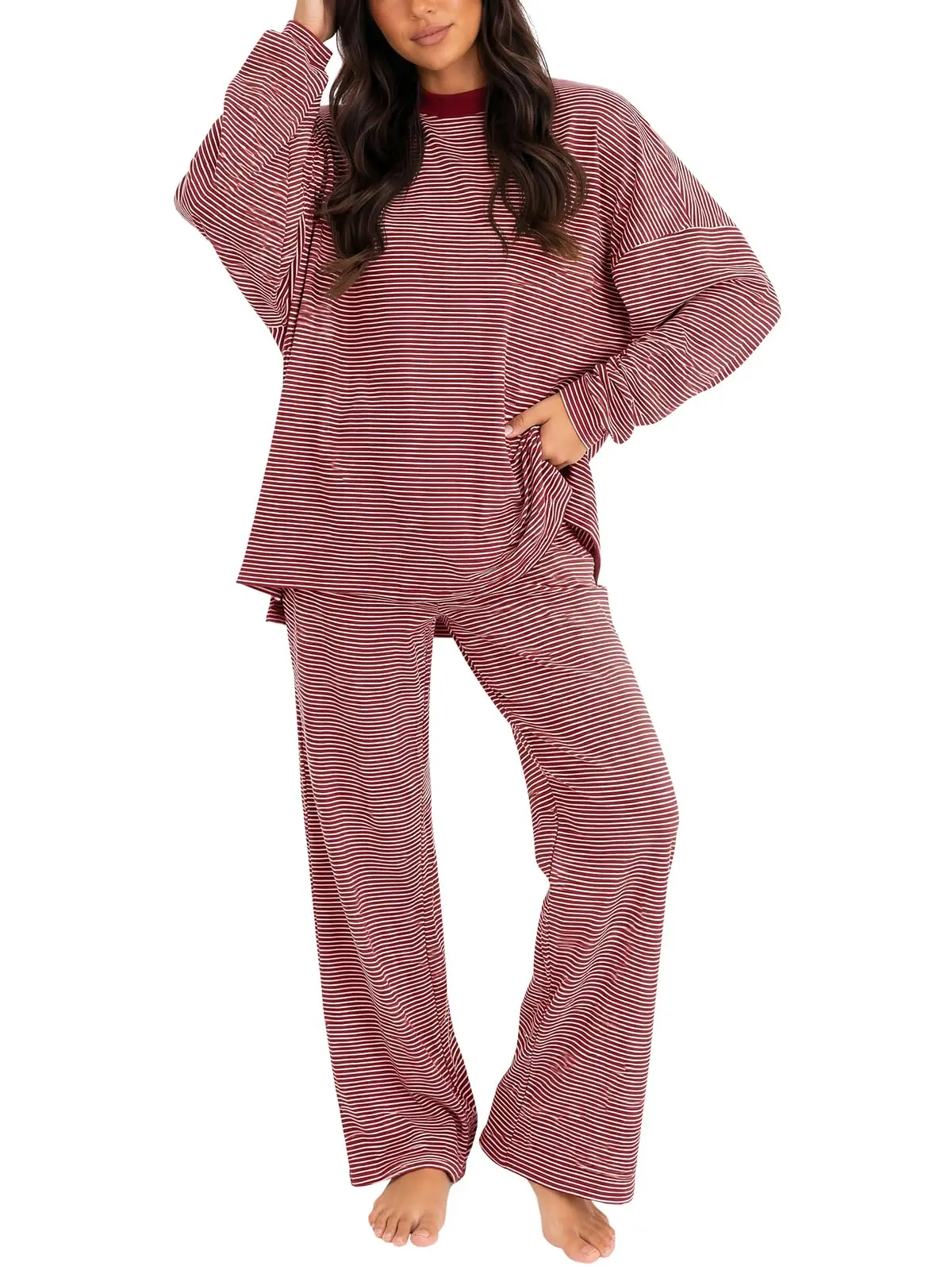 Arssm Women's 2 Piece Striped Lounge Set Wide Leg Pants Matching Pajamas Set | Long Sleeve ,High Waisted,Sleepwear, Pajamas, Oversized,Round Neck,Daily,Cotton Set,Loungewear,fall fashion outfits 2026