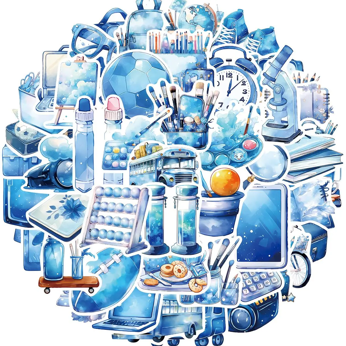 Blue Stationery Sticker Pack, 50pcs/set Cute Waterproof Vinyl Sticker, Aesthetic Sticker for Water Bottle, Laptop, Phone, Decor