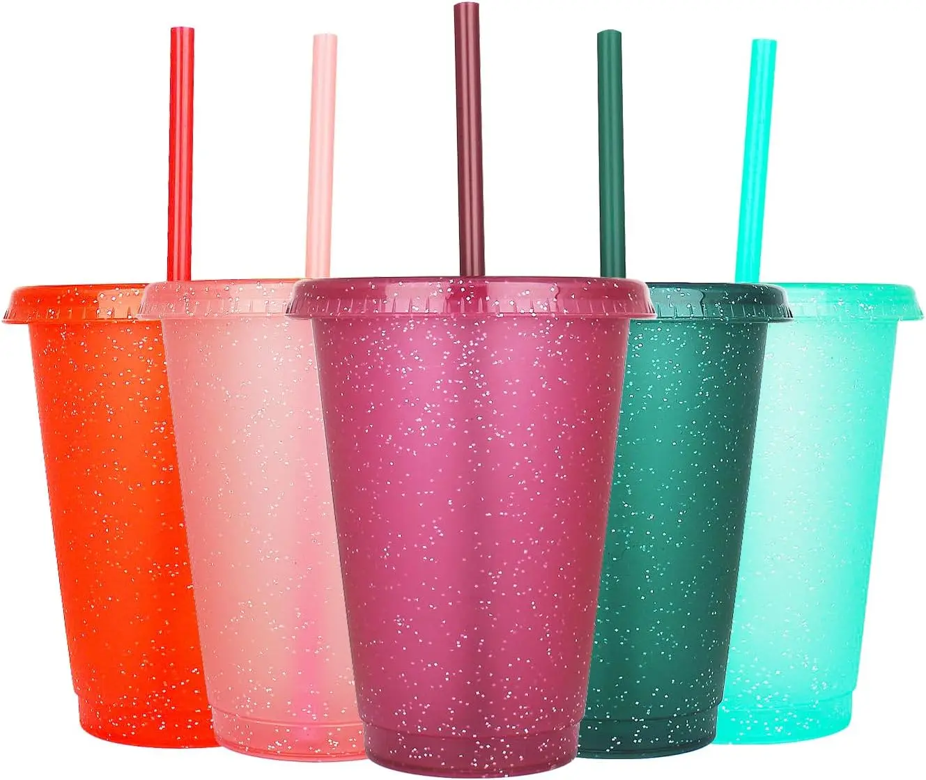 5-Pack Cylindrical 16oz Portable Customized Reusable Washable Plastic Tumbler Set with Straw and Lid, Iced Coffee Travel Mugs for Parties, Birthdays Gifts, Lid+Straw