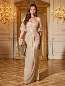 UNITHORSE Women's Off Shoulder Backless Sparkly Sequin Fitted Bodycon Elegant Chic Party Evening Dress, Bride Dress, Birthday Outfits, Graduation Dress, Formal Dress, Formal Wear