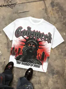 Men's Hip-Hop Style T-Shirt, Breathable Casual Demon Statue Print, Loose-Fit Round Neck Top for Daily and Party Wear