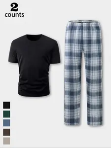 Men's Two-Piece Set, Round Neck Shirt and Plaid Pants, Fashionable Comfortable Casual Wear, Suitable for All Seasons, Multiple Colors Available