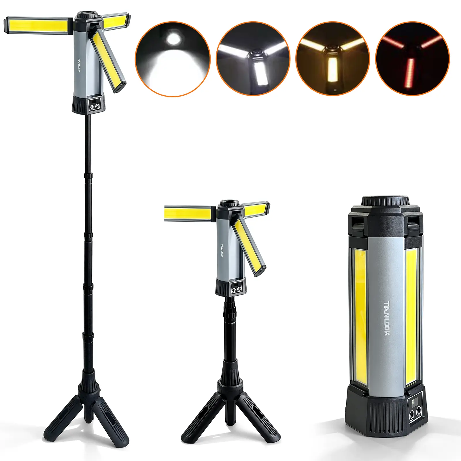 3-head LED camping light with power bank — portable rechargeable work light featuring a 45-inch adjustable stand and detachable tripod, suitable for outdoor use, emergencies, camping, fishing, and garages