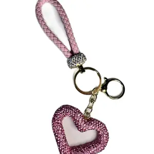 Heart Wristlet Keychain - Pink Glitter Heart Design with Braided Strap and Sparkling Accent