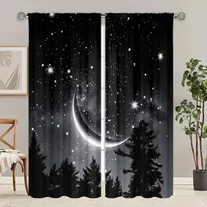 Forest Starry Moon Night Curtains, New Moon and Star Design, Half Light Blocking Privacy Curtains for Living Room, Bedroom, Dining Room