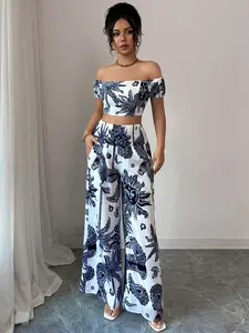 Boho Bohemian Chic Elegance Style Two-Piece Set, High-Waisted Wide-Leg Pants & Short Sleeve Crop Top, Ethnic Perfect for Summer Beach Vacations & Commuting