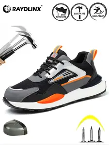 Men's Color-block Lace Up Front Mesh Breathable Steel Toe Trainers Steel Toe Sneakers Safety Shoes, Working Shoes, Lightweight Comfortable Anti-slip Work Shoes Steel Toe Footwear