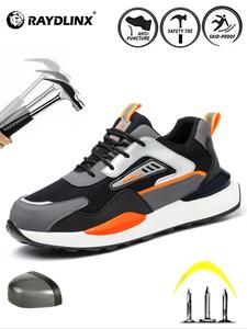 men's color-block lace up front mesh breathable sport safety shoes, slip resistant steel toe shoes, lightweight comfortable anti-slip work shoes,   waterproof steel toe trainers, footwear