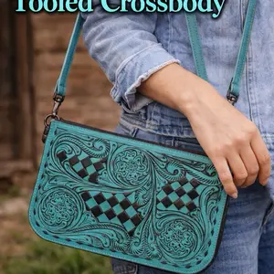 tooled leather clutch/wallet teal and black