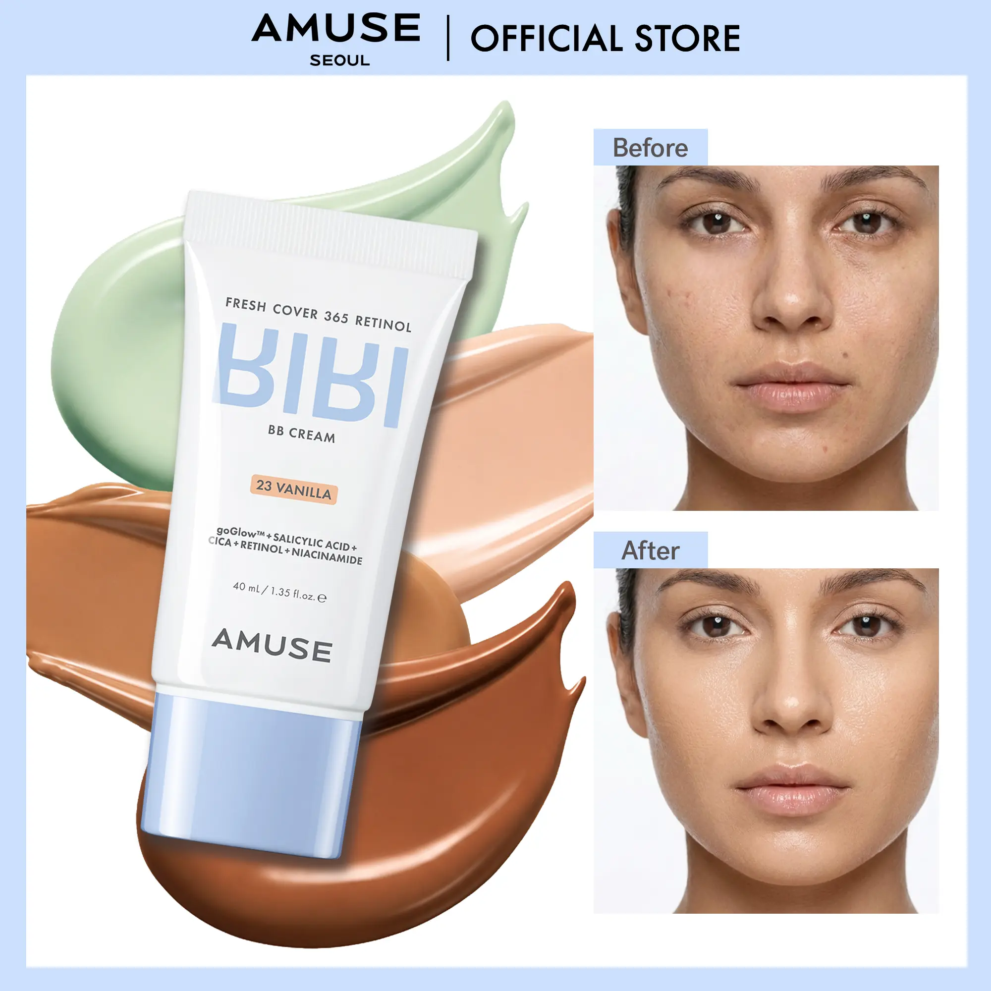 [AMUSE Seoul Official] 365 RETINOL BIBI CREAM l 7 Shades l BB Cream, Base Makeup, Skincare Infused, Color Correting, Tinted Moisturizer