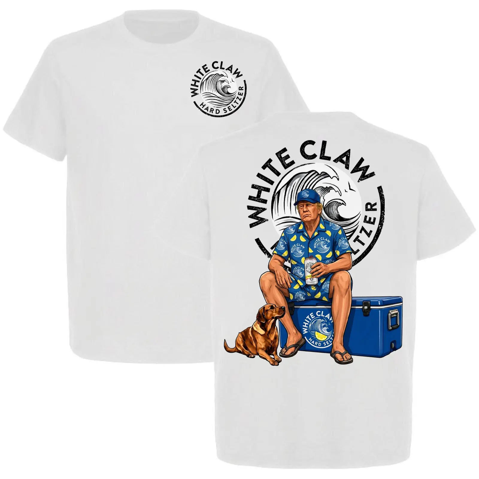 Trump with White Claw Beach Party Graphic T-Shirt Summer Vacation Dog Lover Front & Back Print Unisex Tee