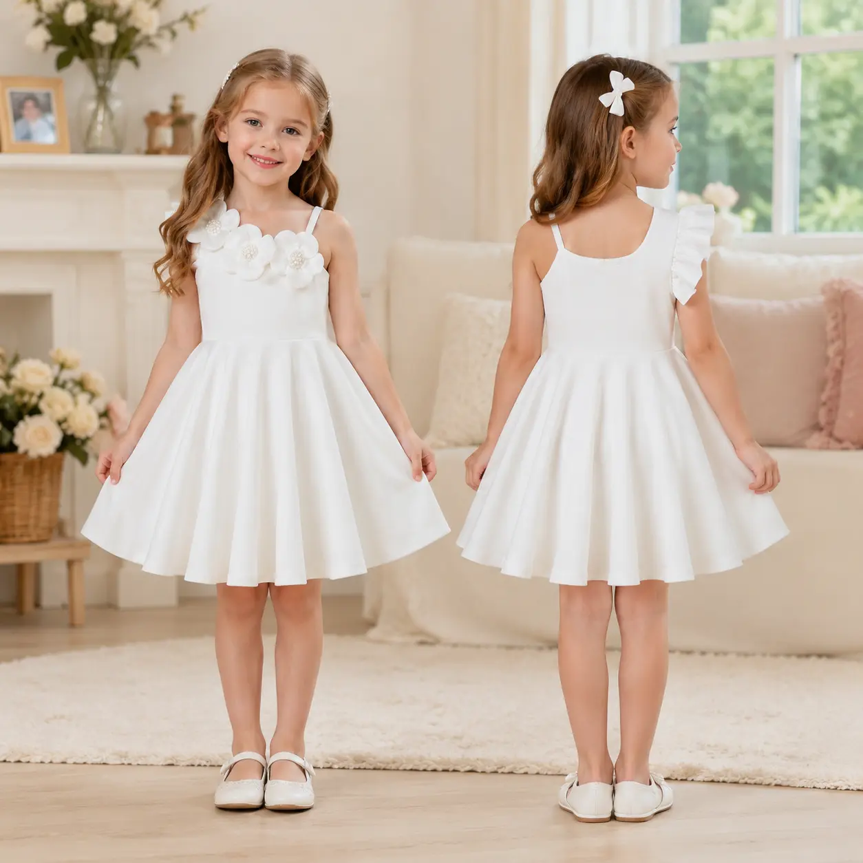 Girls One Shoulder White 3D Floral Party Dress for 4-7 Years | Cute Pearl Flower Princess Dress | Elegant Boutique Flower Girl Wedding Gown