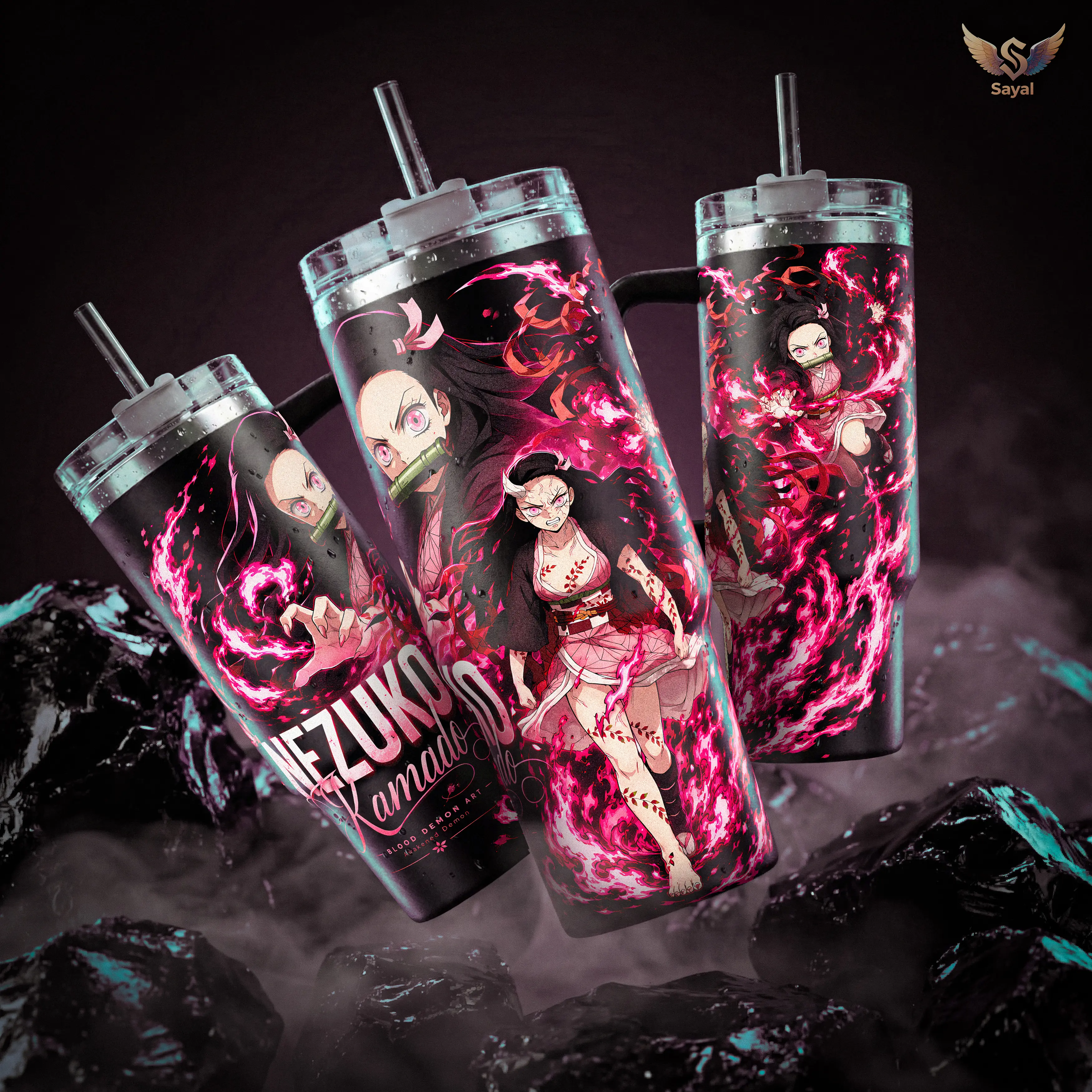 Demon Slayer Nezuko Kamado Blood Demon Art Anime Art 40oz Insulated Stainless Steel Tumbler - Tumbler Shape, Leak-Proof, Handle, Straw, Keeps Drinks Hot/Cold, Pink Anime Merch for Fans