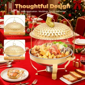 Diamond Hanging Lid Buffet Stove 8.5 Quart Food Warmer with Alcohol Burner Stainless Steel Gold Chafing Dish for Christmas Party Kitchen Gadgets Wedding