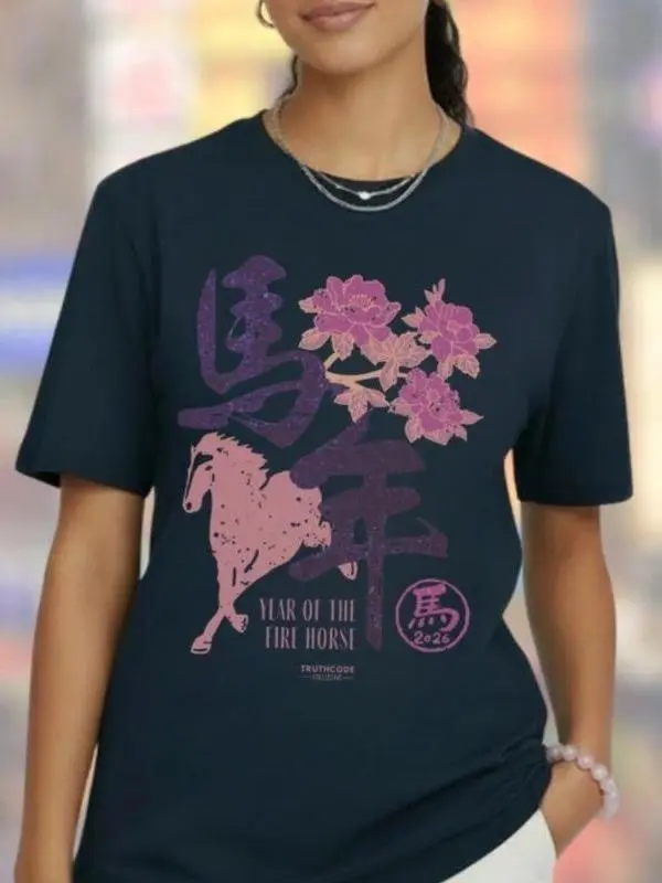 Organic FIRE HORSE Cotton Tee, Year of the Horse 2026 Shirt, Chinese Zodiac Top, Lunar New Year Graphic T-Shirt, Boutique Aesthetic Design, Womenswear, Crewneck Unisex Tee [GOTS + OCS Certified]