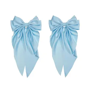 2 count Bowknot Barrette,  Silky Satin Bow Hair Clip with Long Tails for Women and Girls, Large  Metal Hair Slide Clips and Hair Accessories (Light Blue)