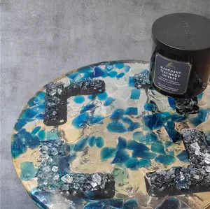 Bluish Green and Clear hand-designed Resin Artwork Table with Crystals: Accent Decor Table