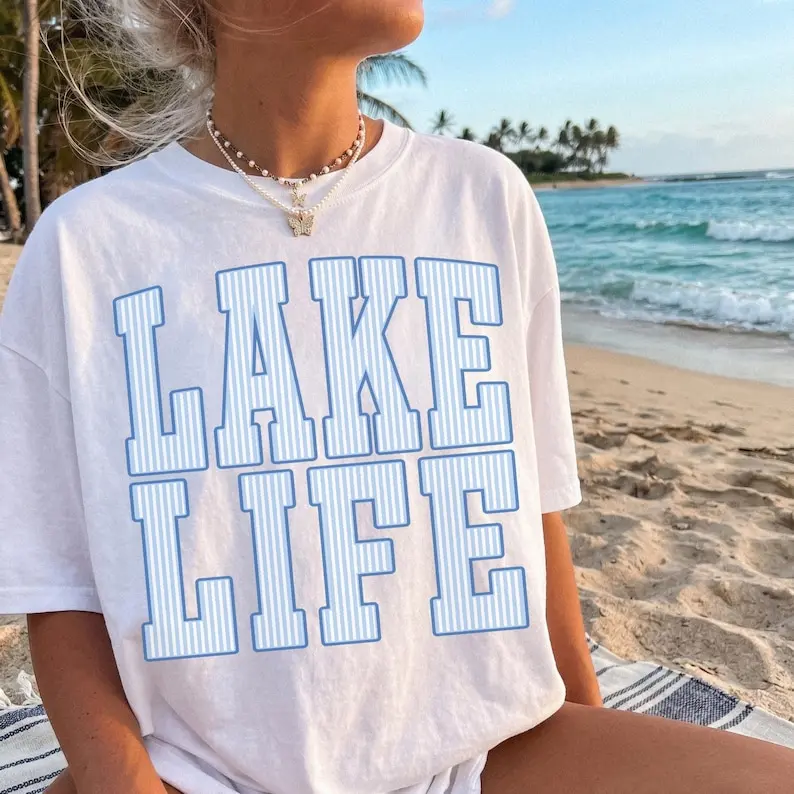Retro Seersucker Lake Life Shirt Preppy Lake Tshirt Oversized Lake Vacation Tee Cute Summer Shirts Trendy Boating Tee