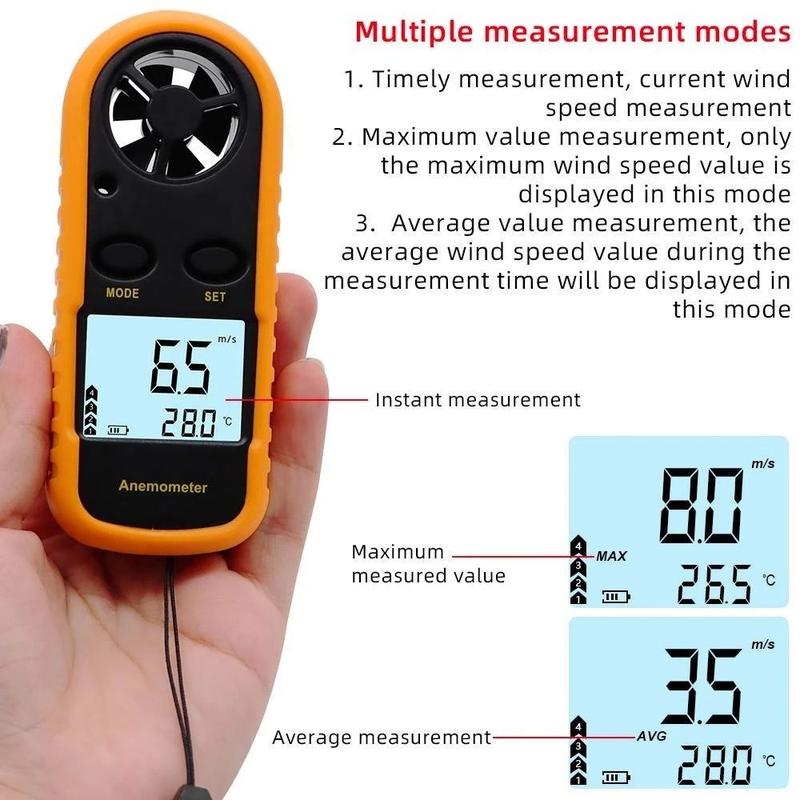 High Precision Portable Waterproof Anemometer Thermometer with LCD Backlight - Measures 0-30m/s Wind Speed & -10~45℃ Temperature, 2-in-1 Tool for Indoor/Outdoor Use