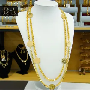 Velvet 2 Meter Necklace with Coin Pendant Brass Gold Plated Layered Stacked Design for Women Elegant Versatile Jewelry