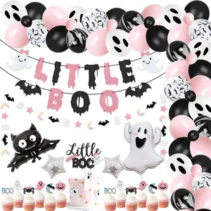 92 Pcs Little Boo Party Kit Little Boo Banner Cake Topper Boo Skeleton Bat Mylar Balloons For Pink Black Girl Halloween Baby Shower The Spooky One Halloween 1St Birthday Party Decorations