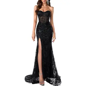 Women’s Black Corset Dress Sexy high Slit Dress Sequin Prom Dress All Black Gala Dress for Women