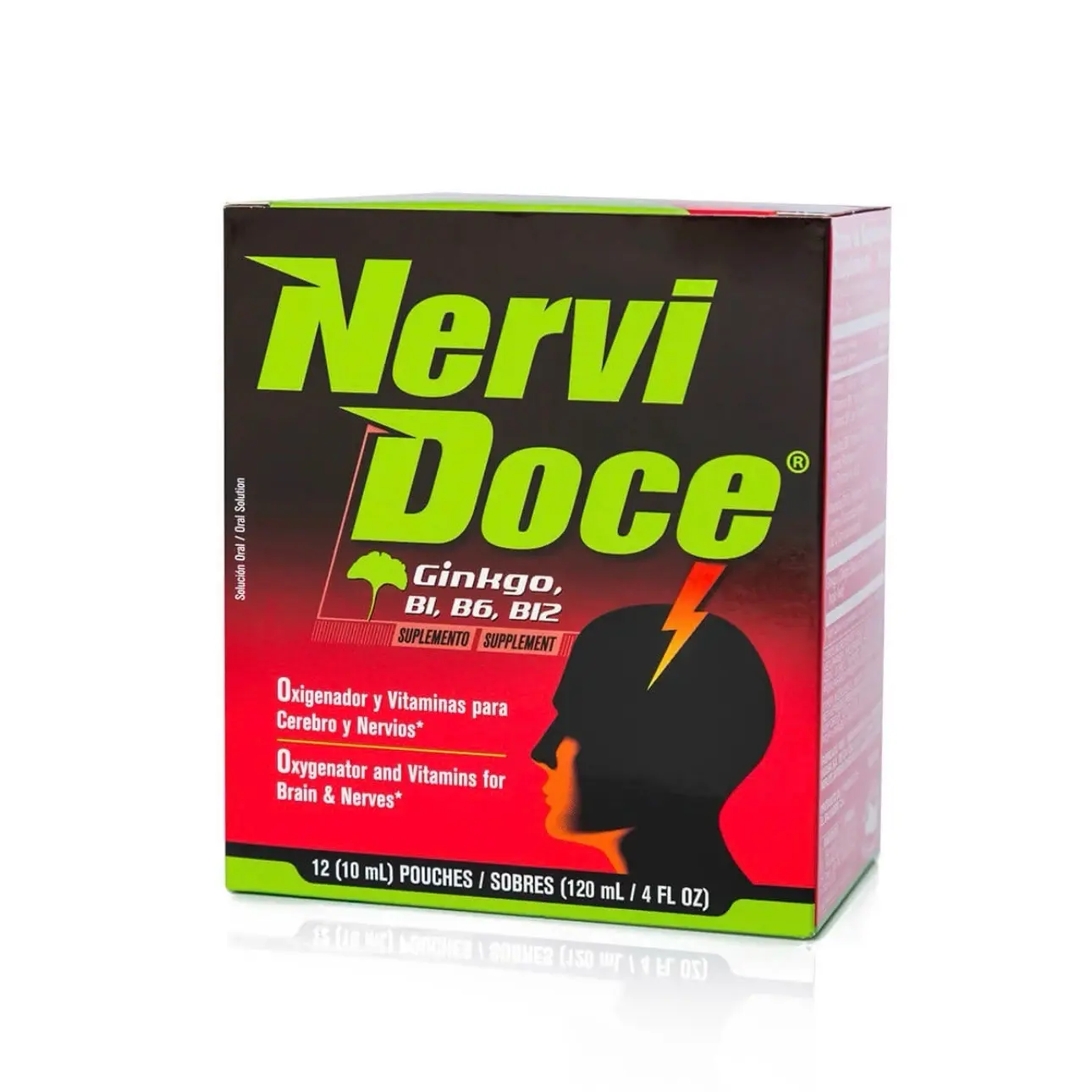 NERVIDOCE - with Ginkgo Biloba and B12 - 12 Pouches. Oxygenator and vitamins. Improve mental functions with natural ingredients