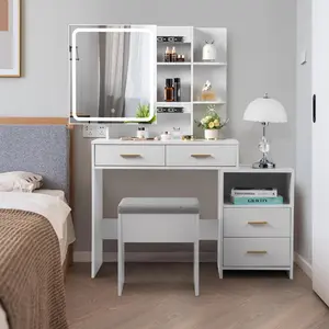 summervibes Ktaxon Particleboard Triamine Veneer 4 Drawers 1 Storage Cabinet 2 Shelves Mirror Cabinet Dressing Table Set Led Three-Tone Light Black