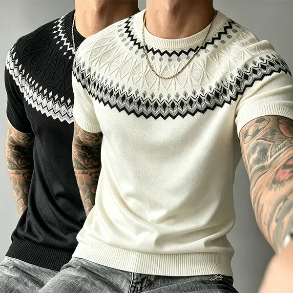 Short sleeve knitted crew neck top decorated with classic geometric fair isle patterns on the shoulder, slim tailored fit and ribbed cuffs, lightweight knit fabric, chic daily shirt for fashionable modern mensfashion.