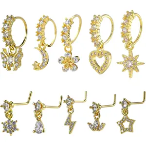 10 count Dangle Nose Ring Hoop 20g Cz Nose Rings with Charm L Shaped Dangling Noses Stud Indian   For Women