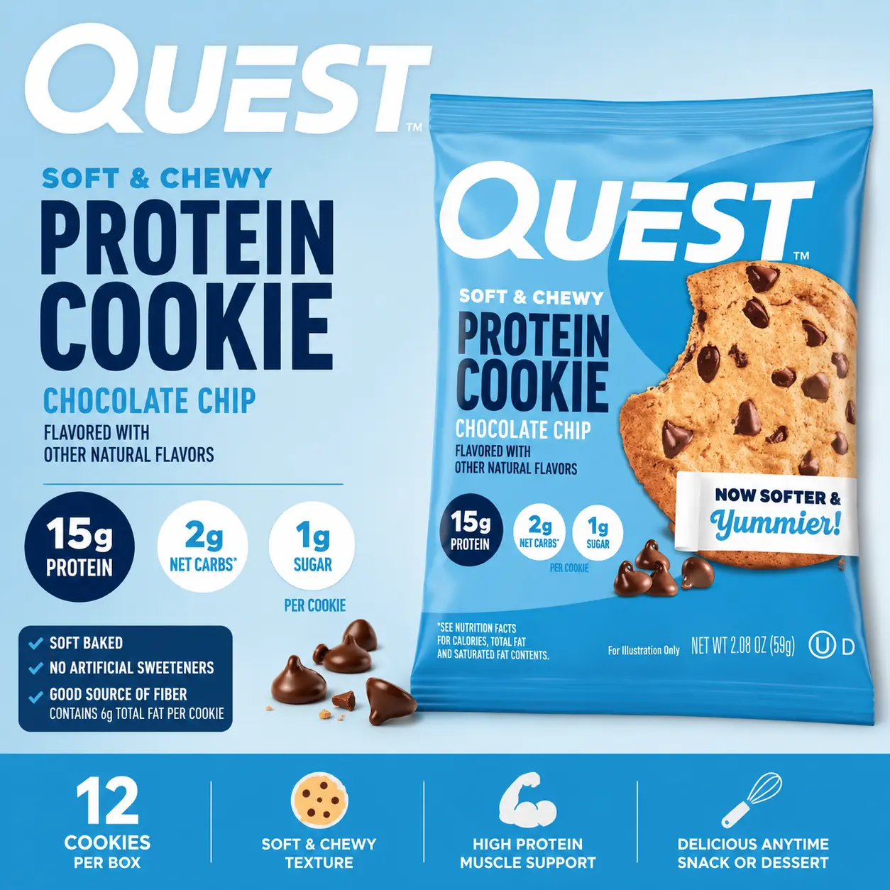 Quest Protein Cookie Chocolate Chip 2.08 oz 12 Count Soft Baked High Protein Cookies
