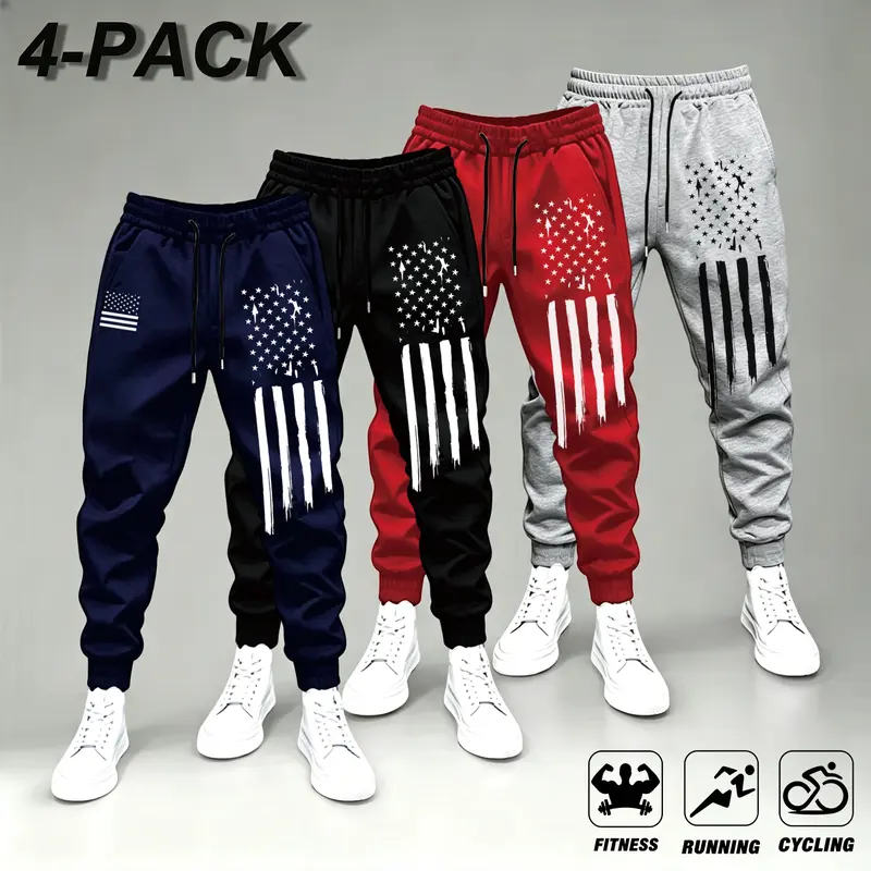Men’s jogger sweatpants, pack of 1–4 – vintage American flag print – navy blue, black, red, gray – elastic waistband with drawstring design – comfortable, stylish casual street style – suitable for workouts, running, cycling, and everyday wear – men’s jog