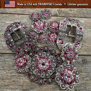 Antique Silver Pink - AB Crystal Conchos | Sizes 1"- 3" | Buckles | Saddle Set | Leather Rosettes | Slide