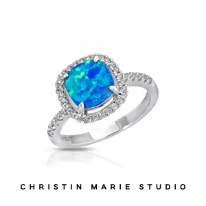 Small Rounded Square Opal Ring (Silver/Bold Blue)