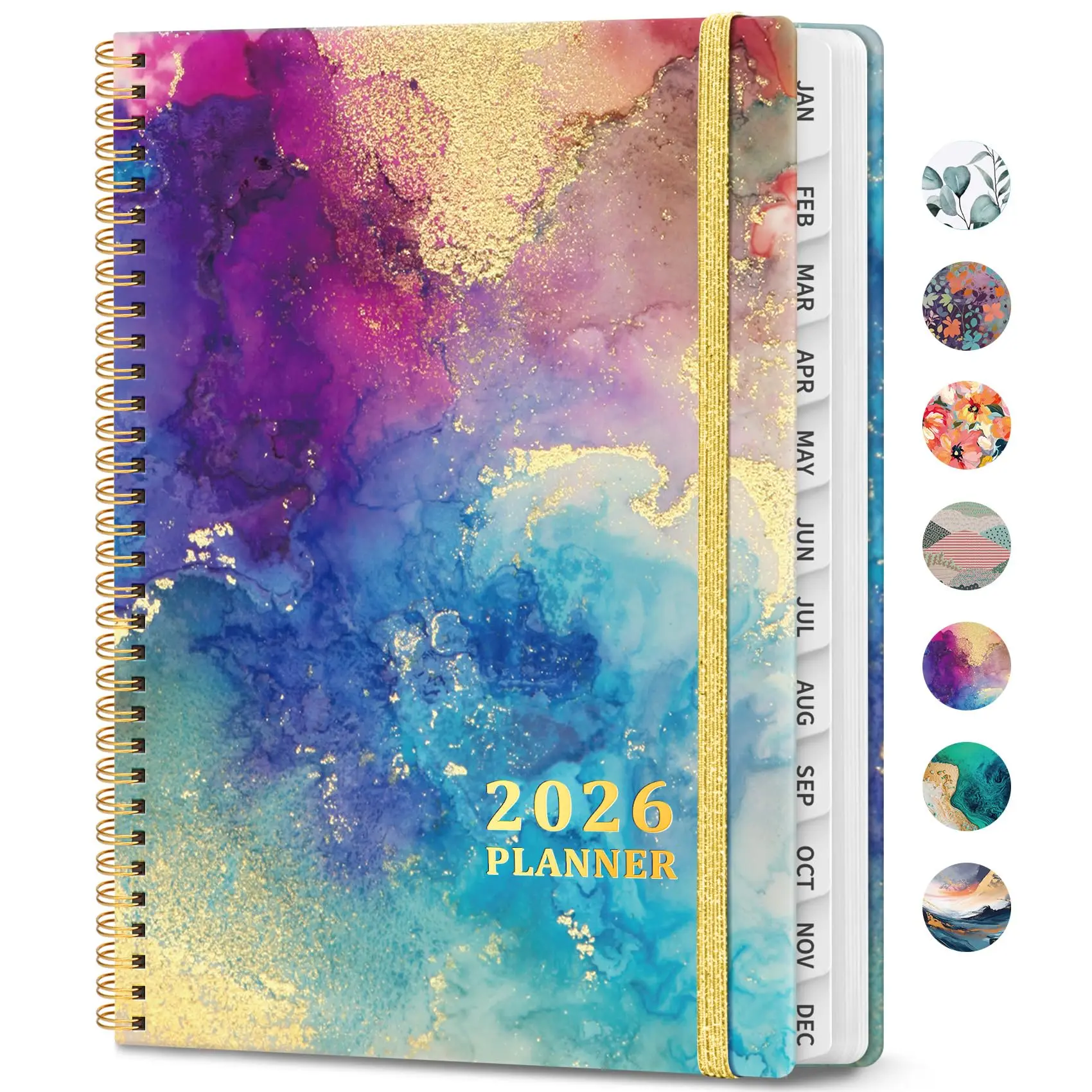 2026 A5 Spiral-Bound Hardcover Planner - Hardcover Journal, Teacher Organiser, January-December, Gold Finish, Monthly Tabs, Notes Pages, Thick Paper, Office Stationery Supplies